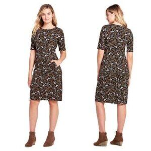Lands' End Elbow Sleeve Ponte Sheath Dress Black Cameo Floral Size 16P